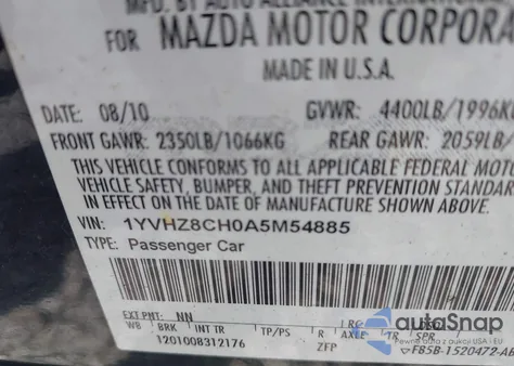 2010 Mazda Mazda6 I Touring z USA, uszkodzony, nr VIN 1YVHZ8CH0A5M54885